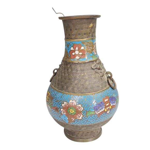 Japanese Champleve Vase Enamel Floral Water Lilies Ring Handles - Picture 1 of 6